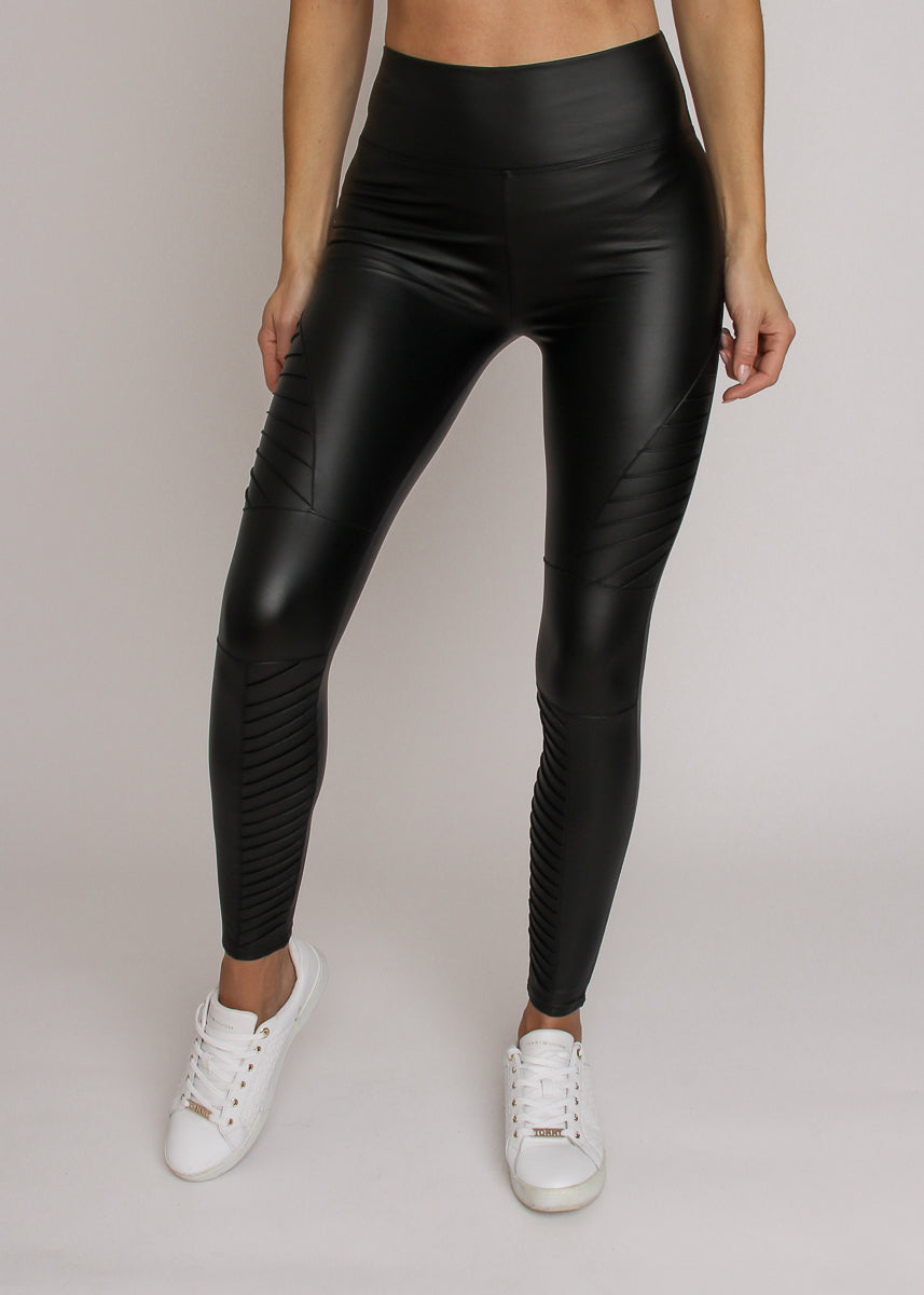 Cool læder look biker leggings med stræk - Sort