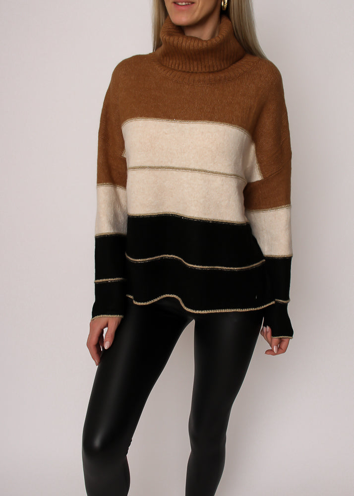 ELENA Blød viskose strik - Colorblock Brun/Sort