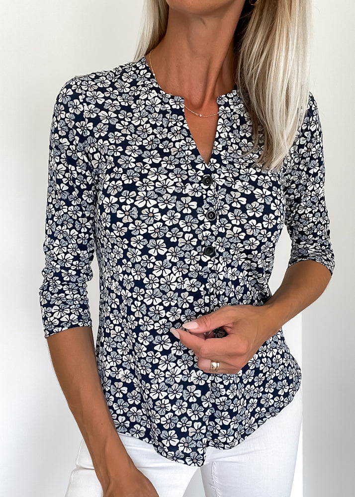 Joy krølfri bluse med knapper - Blåt/hvidt blomsterprint