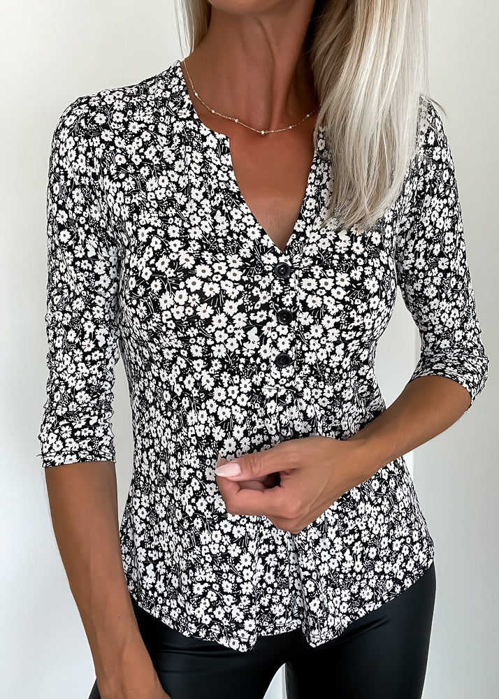 Joy krølfri bluse med knapper - Sort/hvidt blomsterprint