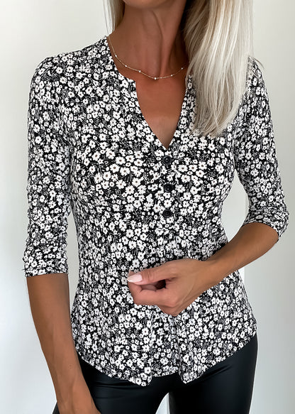 Joy krølfri bluse med knapper - Sort/hvidt blomsterprint