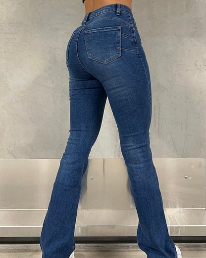 Push up flared jeans med stræk - mellemblå