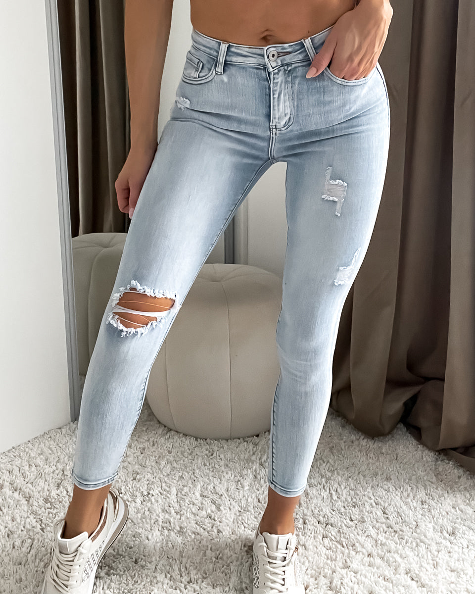 Skinny Ripped jeans medium talje - Lys blå